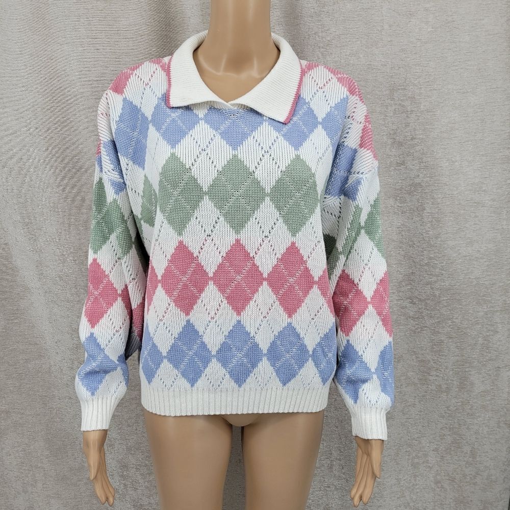 Season Ticket Vintage White Pastel Pink Blue Green Argyle Pattern Women Sweater